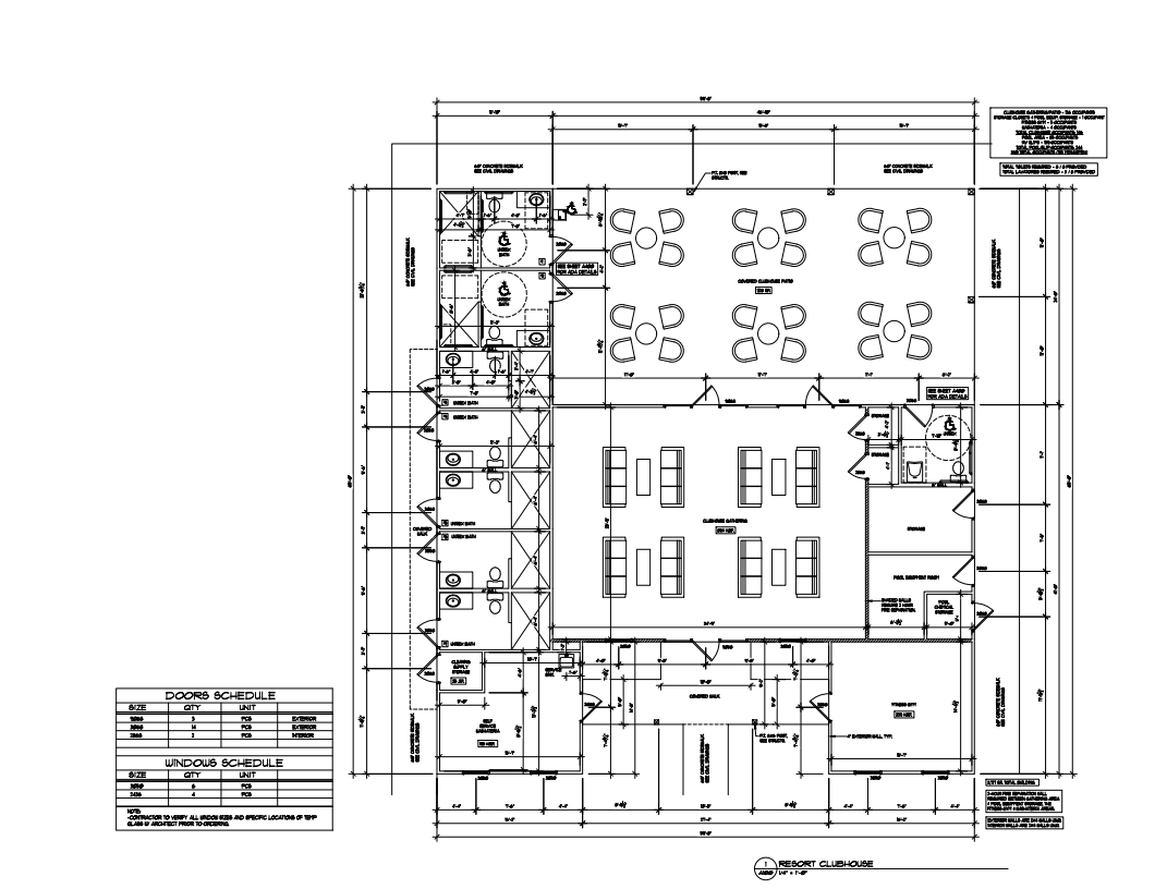 Black and white architectural floor plan showing labeled rooms, door and window schedules, and furniture layouts with tables and chairs.