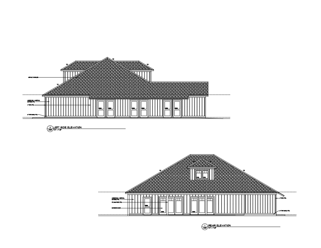 Architectural elevation drawings of a single-story house with a hipped roof and labeled side and rear elevations, showing doors and windows.