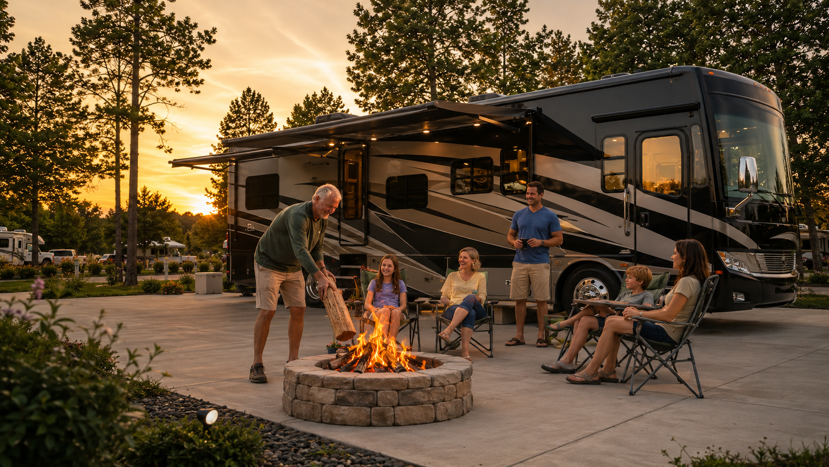 A family around the campfire beside their RV at dusk