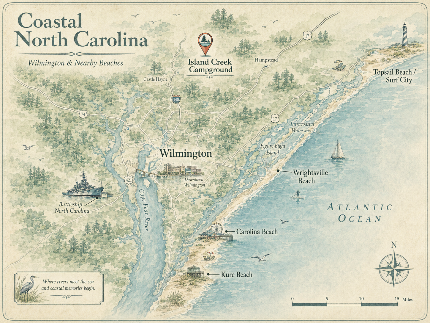 Map of coastal North Carolina and the nearby beaches
